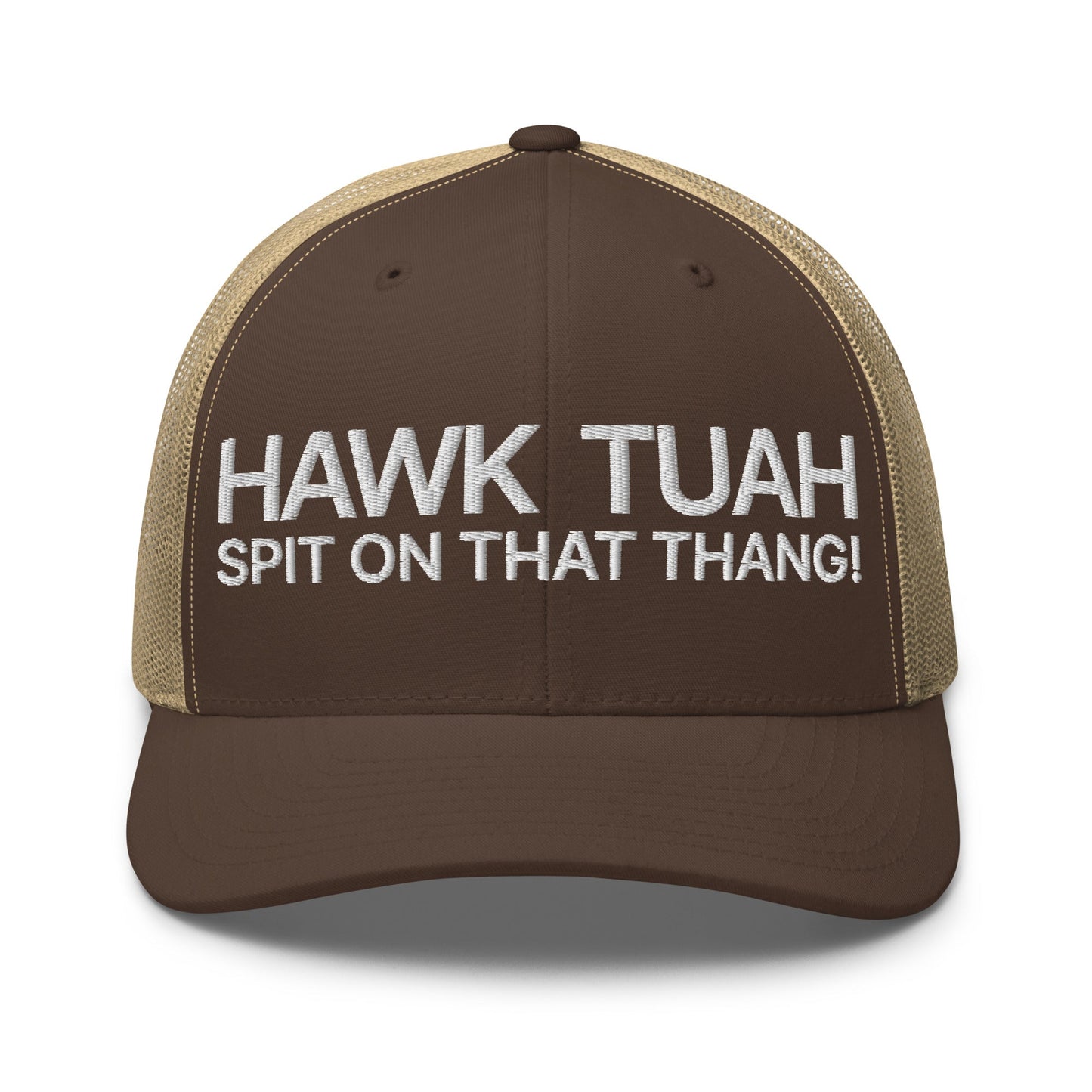 Hawk Tuah Spit on that Thang Retro Trucker Hat Brown Khaki