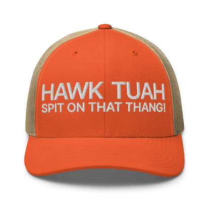 Hawk Tuah Spit on that Thang Retro Trucker Hat Rustic Orange Khaki