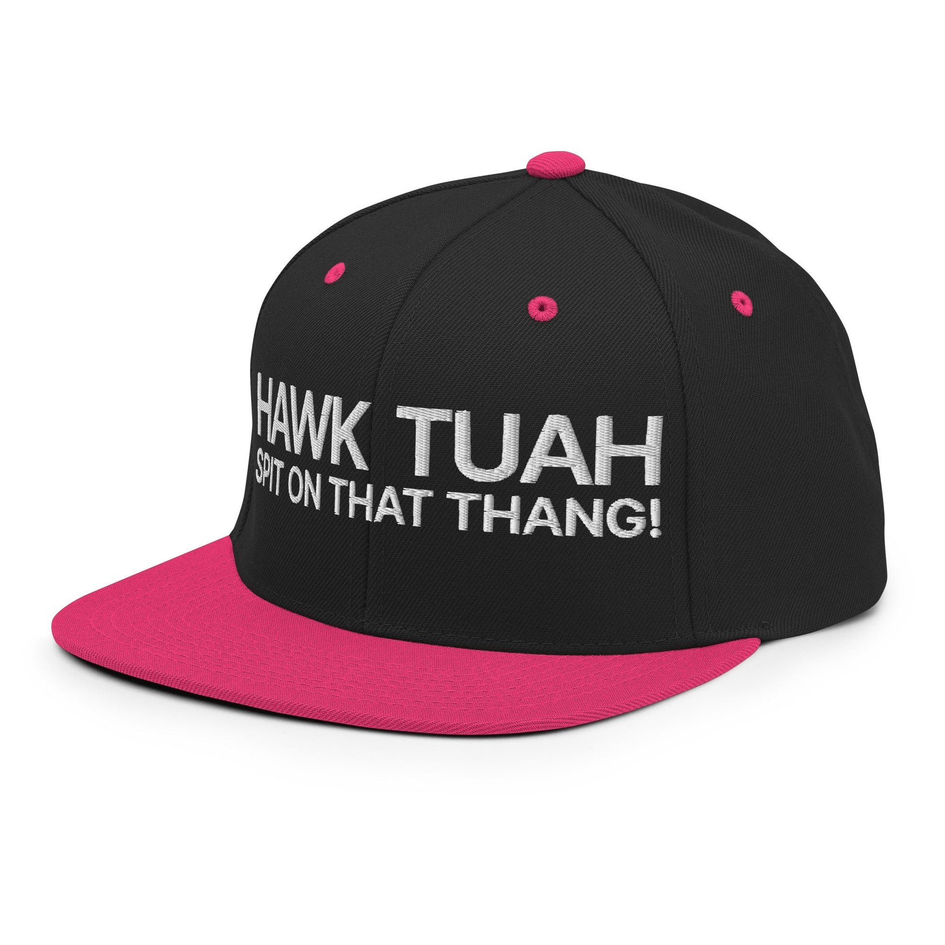 Hawk Tuah Spit on that Thang Snapback Hat Black Neon Pink