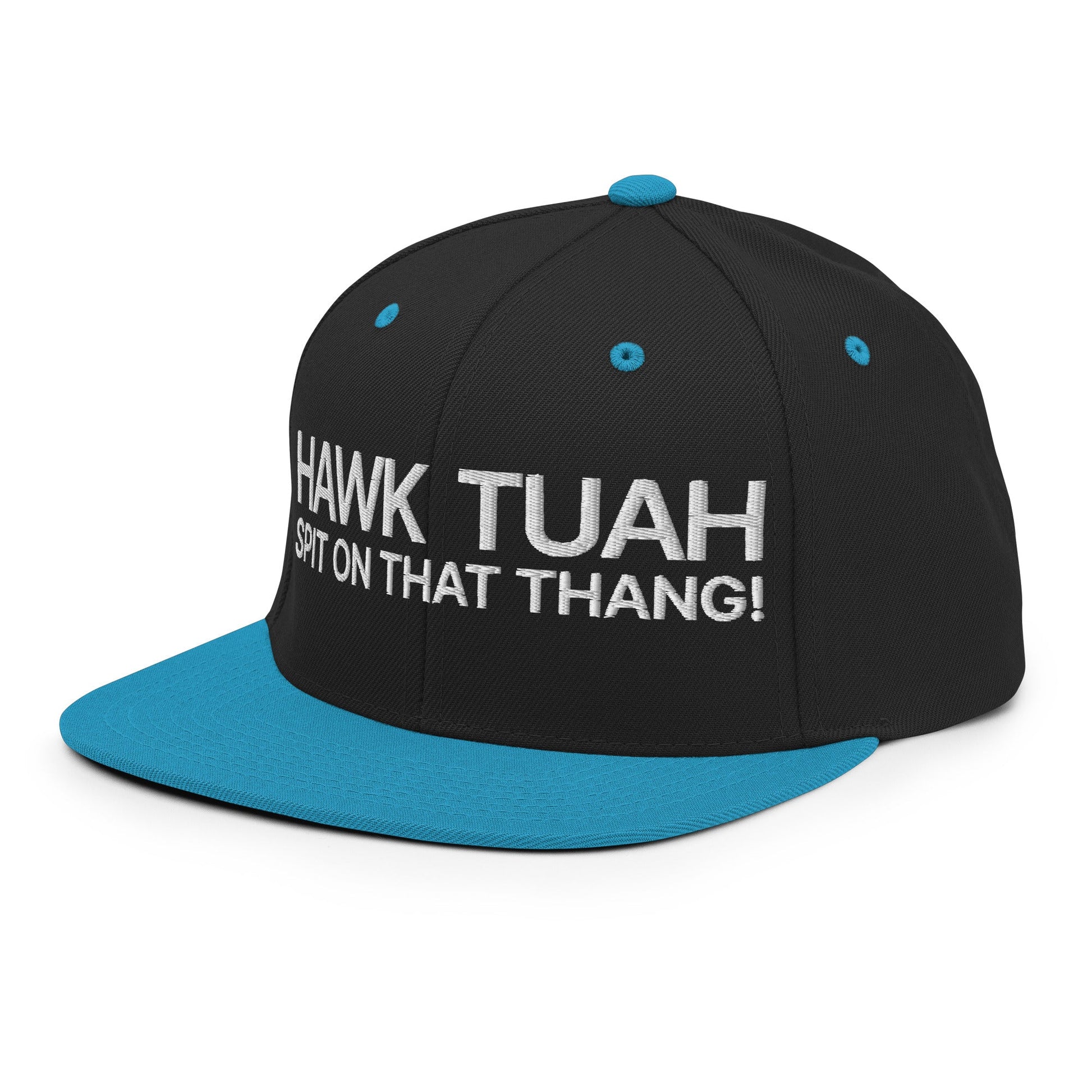 Hawk Tuah Spit on that Thang Snapback Hat Black Teal