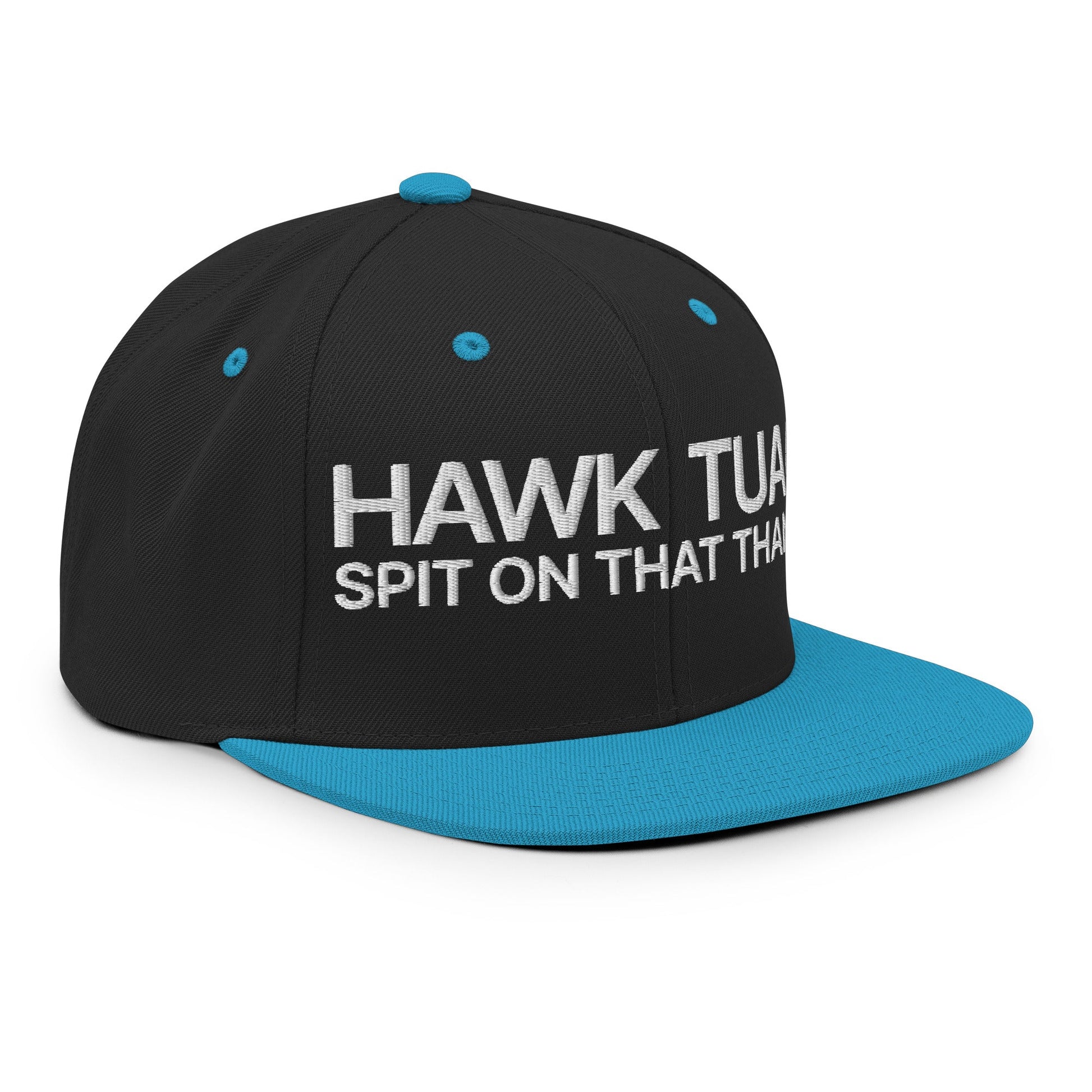 Hawk Tuah Spit on that Thang Snapback Hat Black Teal