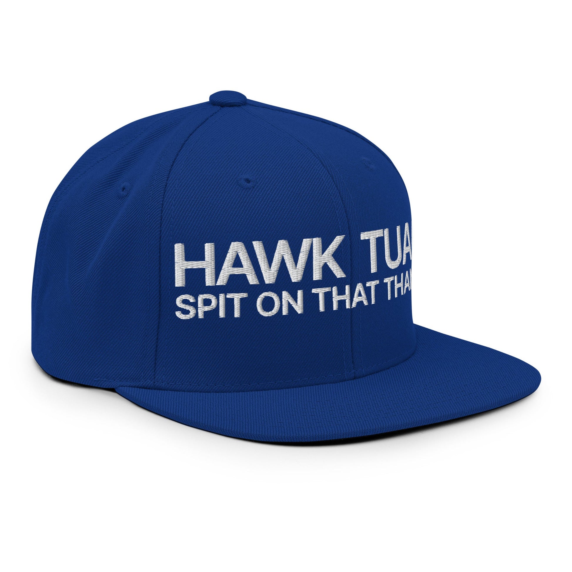 Hawk Tuah Spit on that Thang Snapback Hat Royal Blue