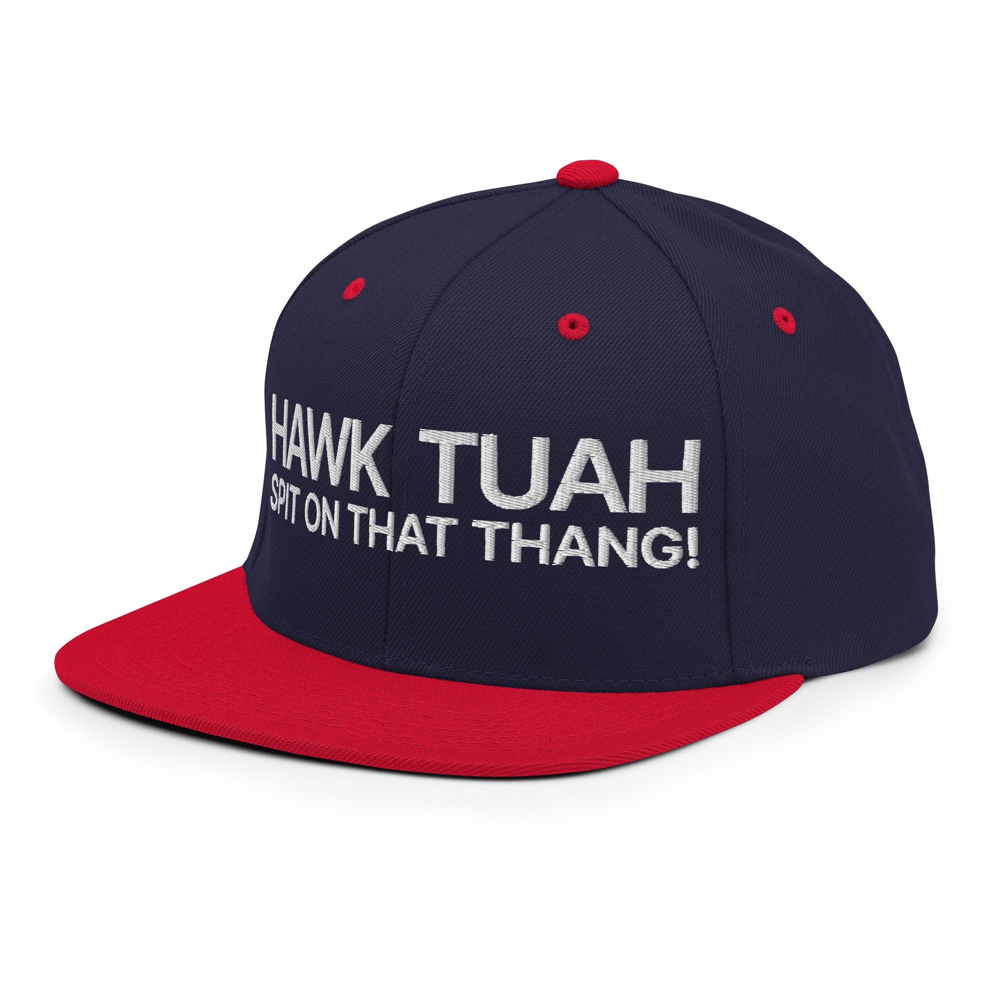 Hawk Tuah Spit on that Thang Snapback Hat Navy Red