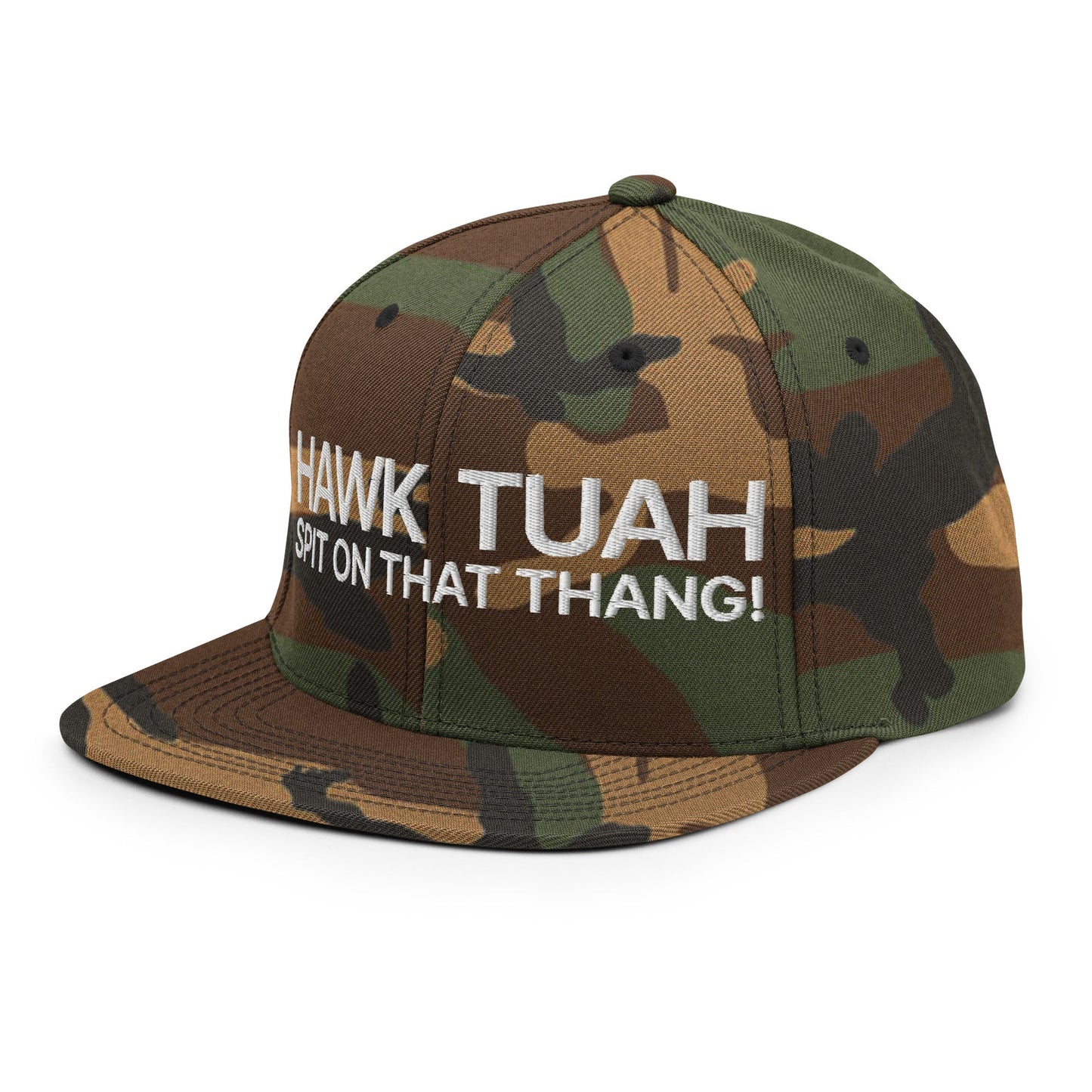 Hawk Tuah Spit on that Thang Snapback Hat Green Camo