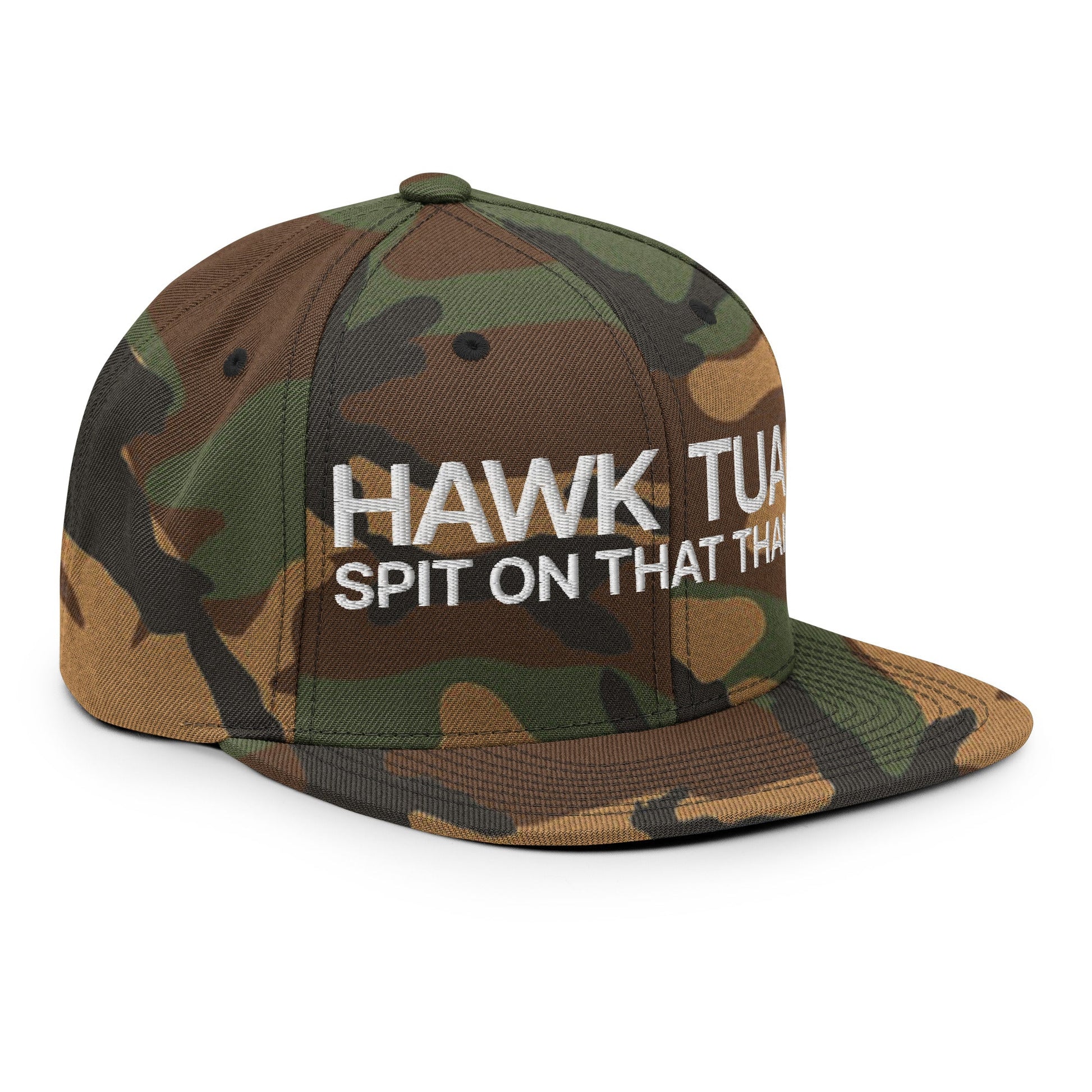 Hawk Tuah Spit on that Thang Snapback Hat Green Camo