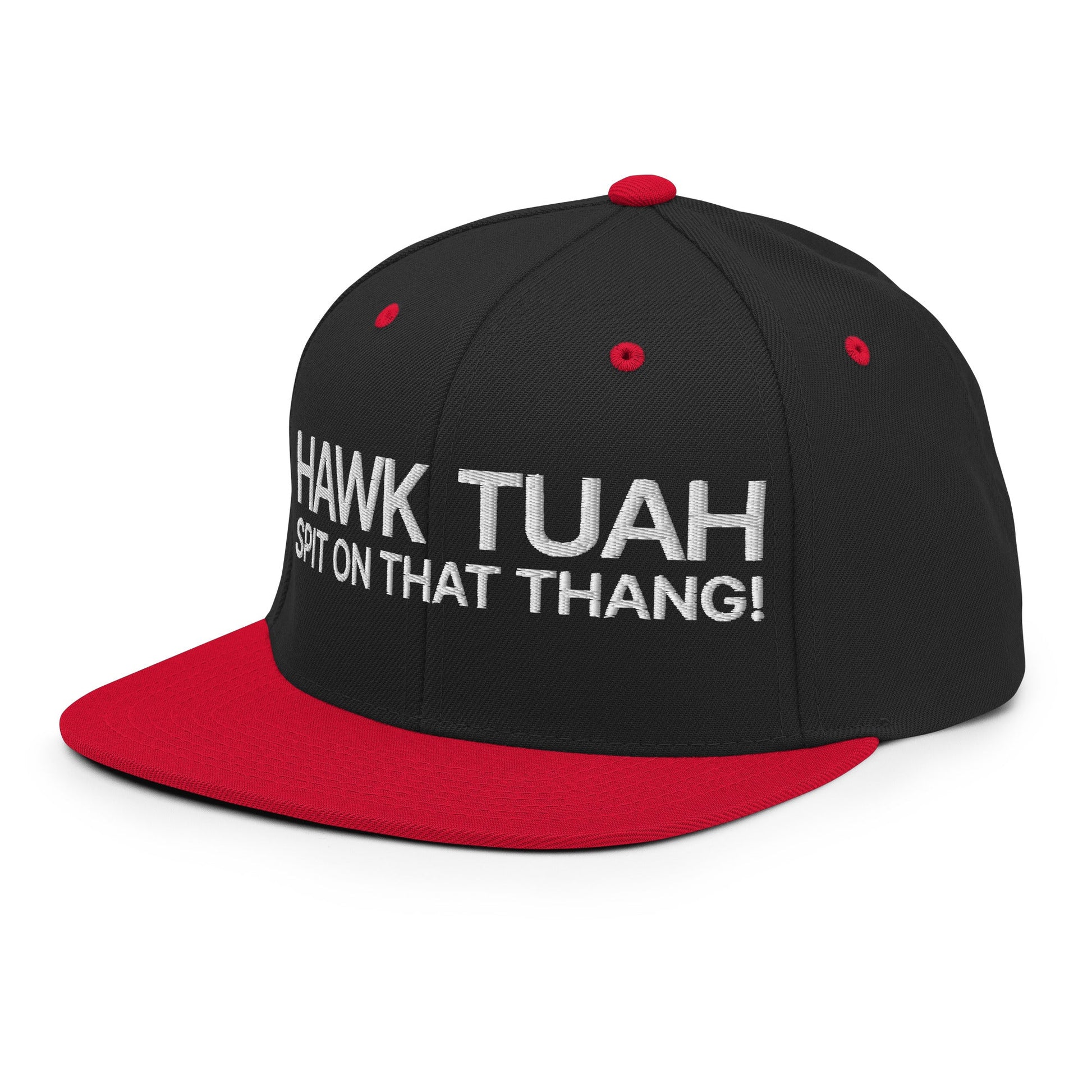 Hawk Tuah Spit on that Thang Snapback Hat Black Red