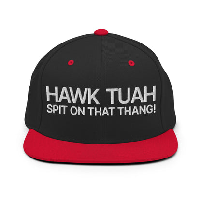 Hawk Tuah Spit on that Thang Snapback Hat Black Red