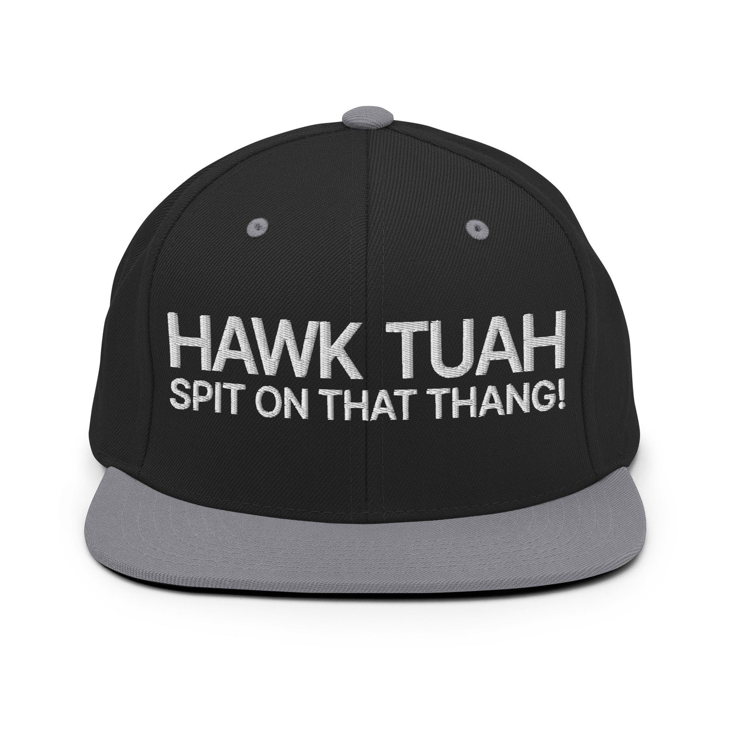 Hawk Tuah Spit on that Thang Snapback Hat Black Silver