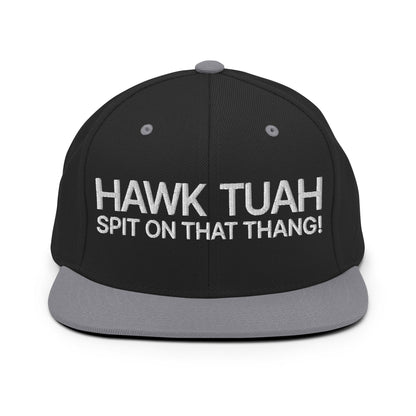 Hawk Tuah Spit on that Thang Snapback Hat Black Silver