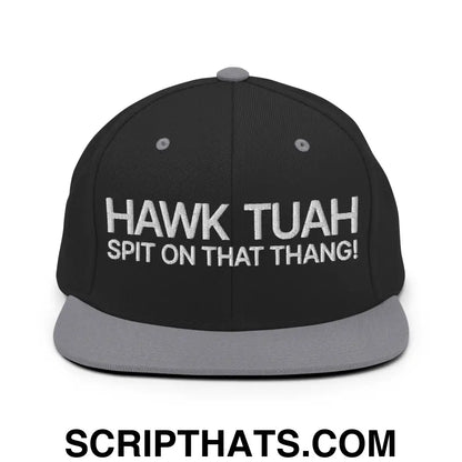 Hawk Tuah Spit on that Thang Snapback Hat Black Silver