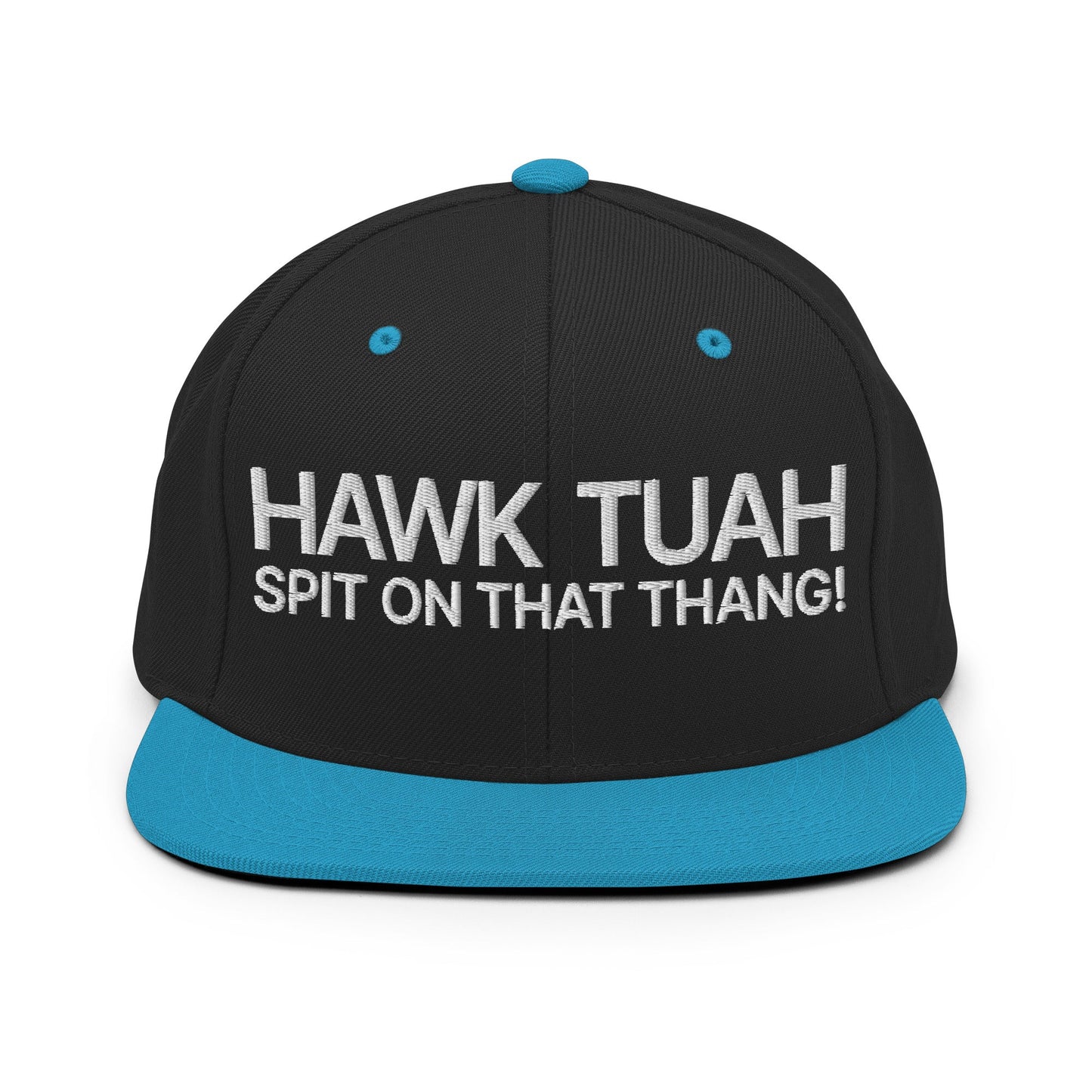 Hawk Tuah Spit on that Thang Snapback Hat Black Teal