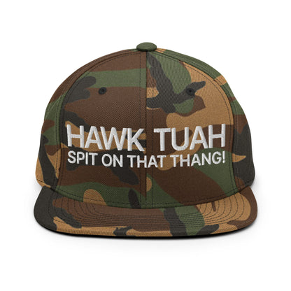 Hawk Tuah Spit on that Thang Snapback Hat Green Camo