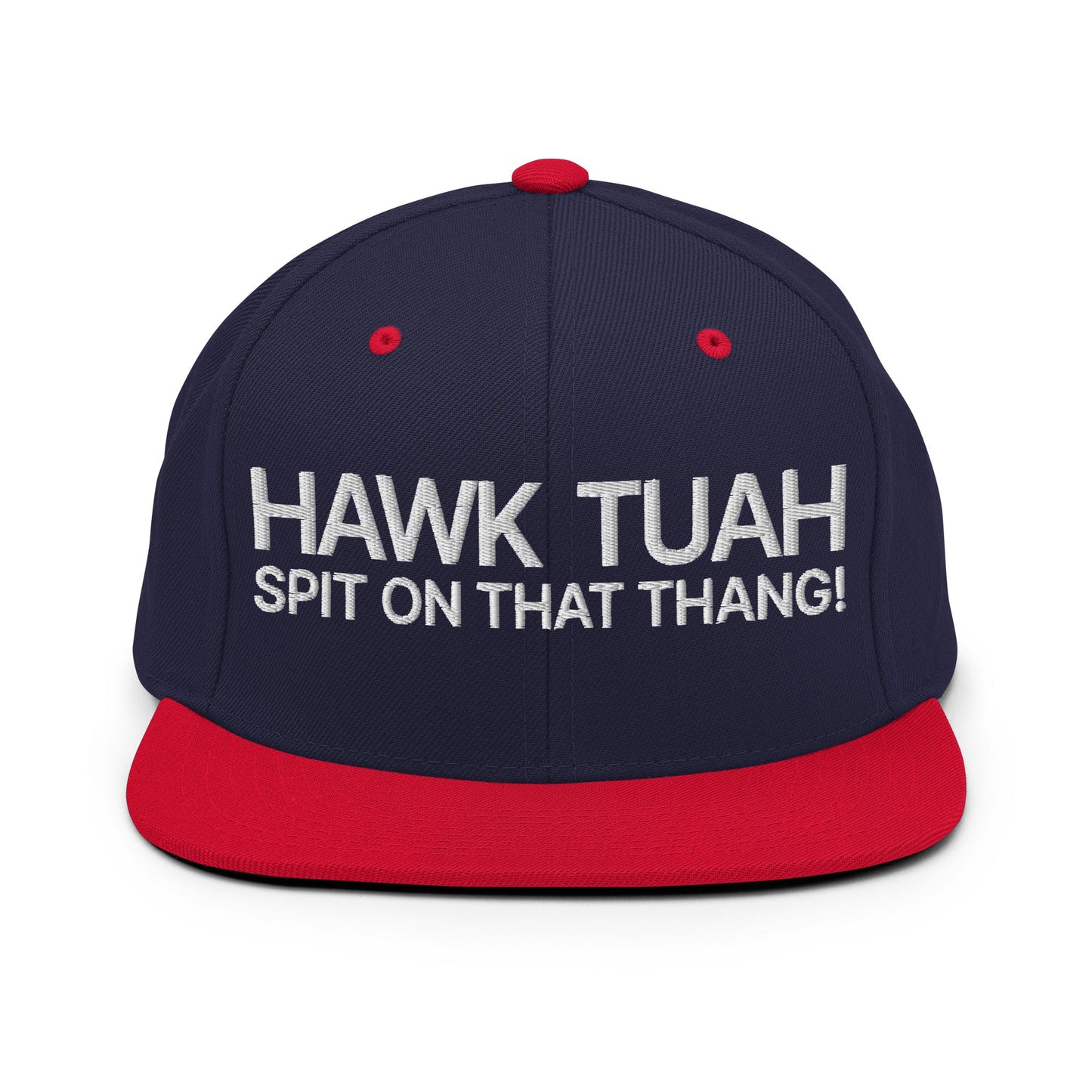 Hawk Tuah Spit on that Thang Snapback Hat Navy Red