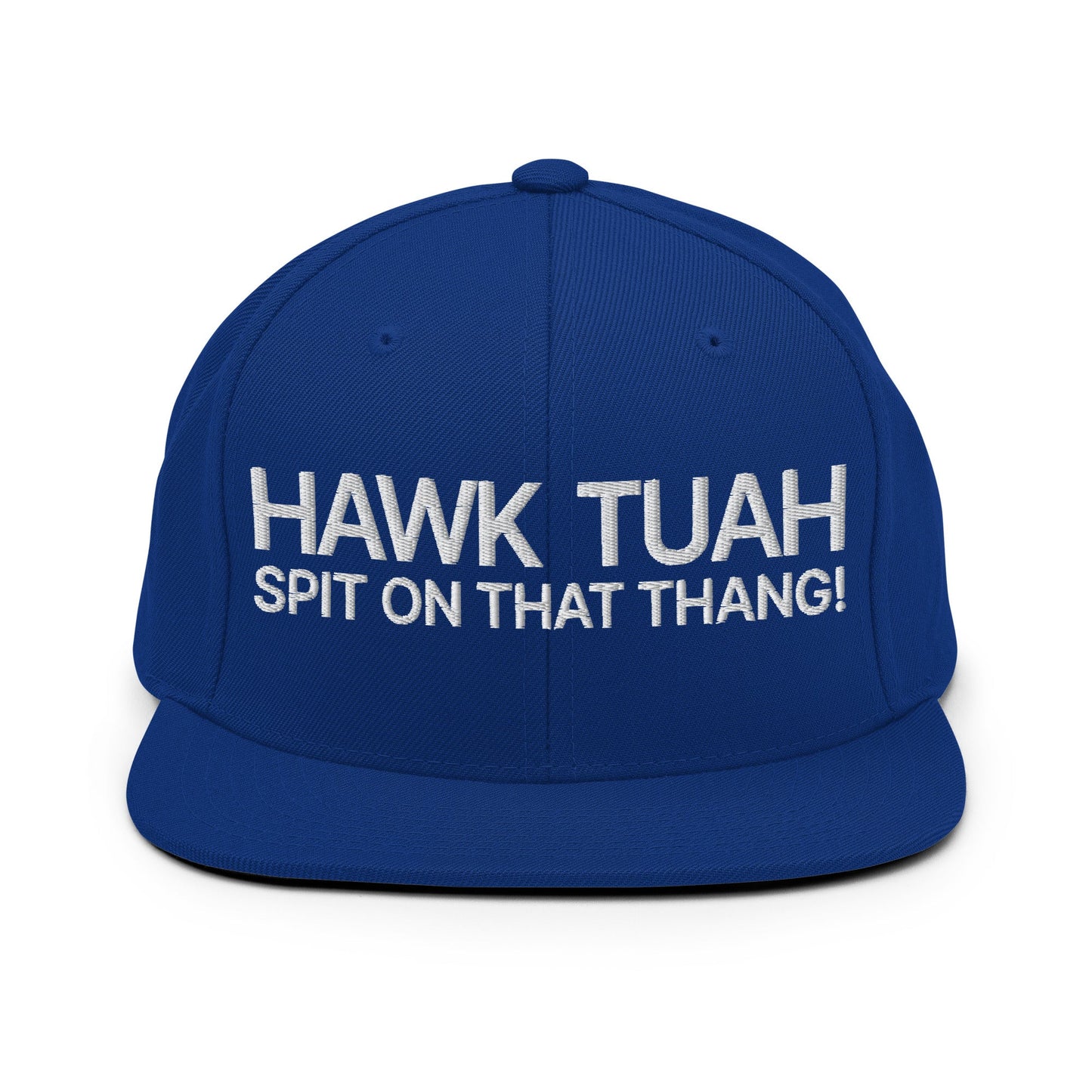 Hawk Tuah Spit on that Thang Snapback Hat Royal Blue