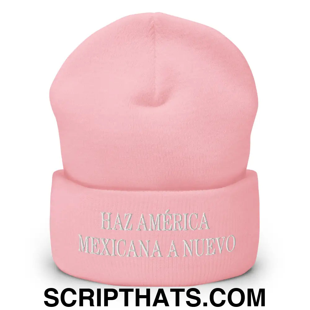 Haz América Mexicana A Nuevo Embroidered Knit Cuffed Beanie Baby Pink