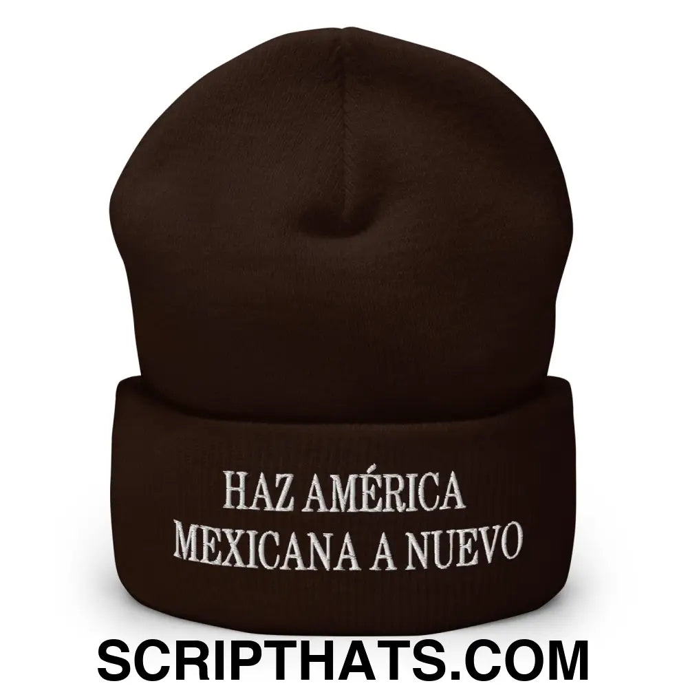 Haz América Mexicana A Nuevo Embroidered Knit Cuffed Beanie Brown