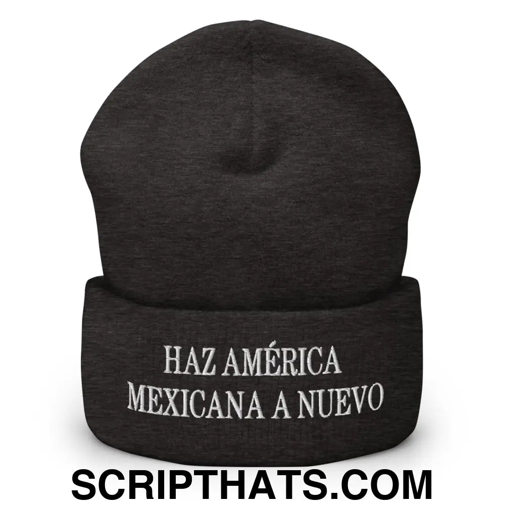 Haz América Mexicana A Nuevo Embroidered Knit Cuffed Beanie Dark Grey