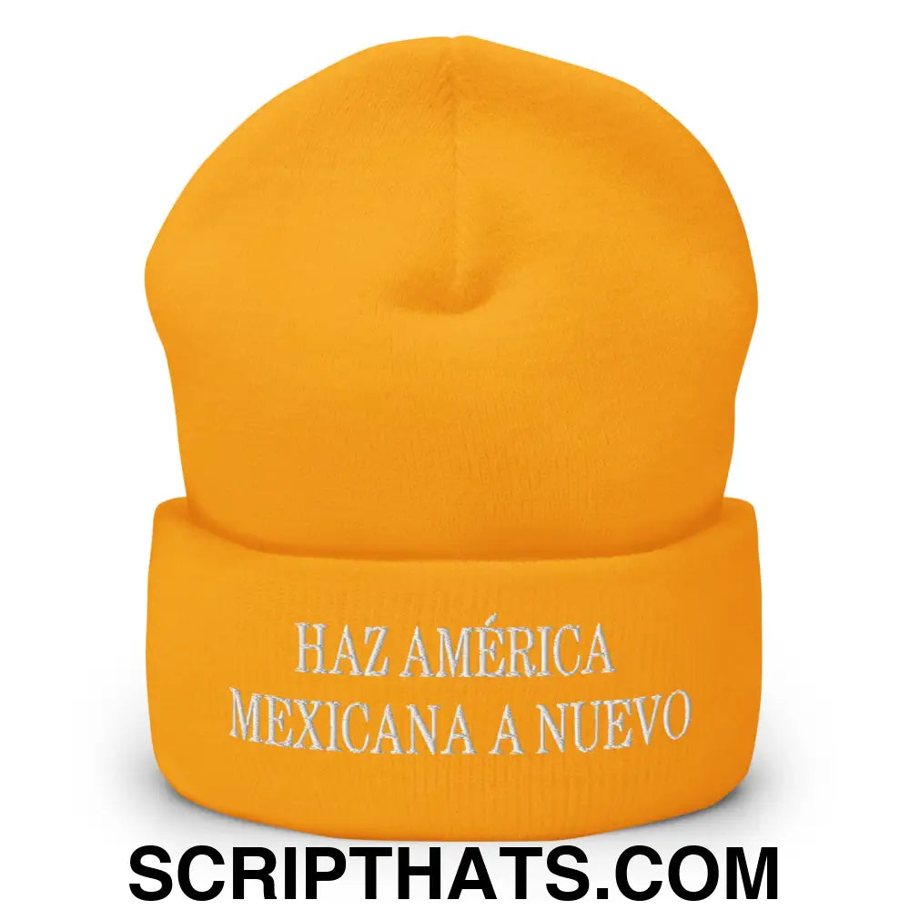 Haz América Mexicana A Nuevo Embroidered Knit Cuffed Beanie Gold