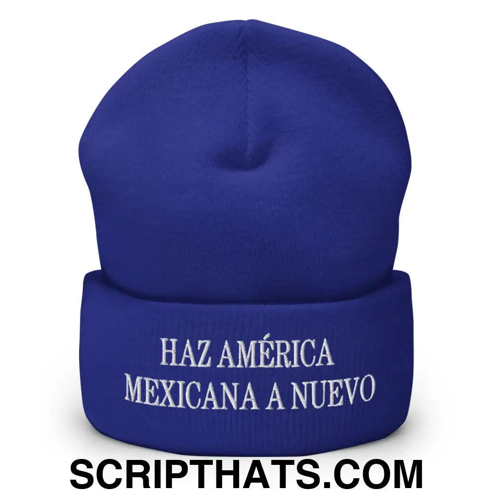 Haz América Mexicana A Nuevo Embroidered Knit Cuffed Beanie Royal