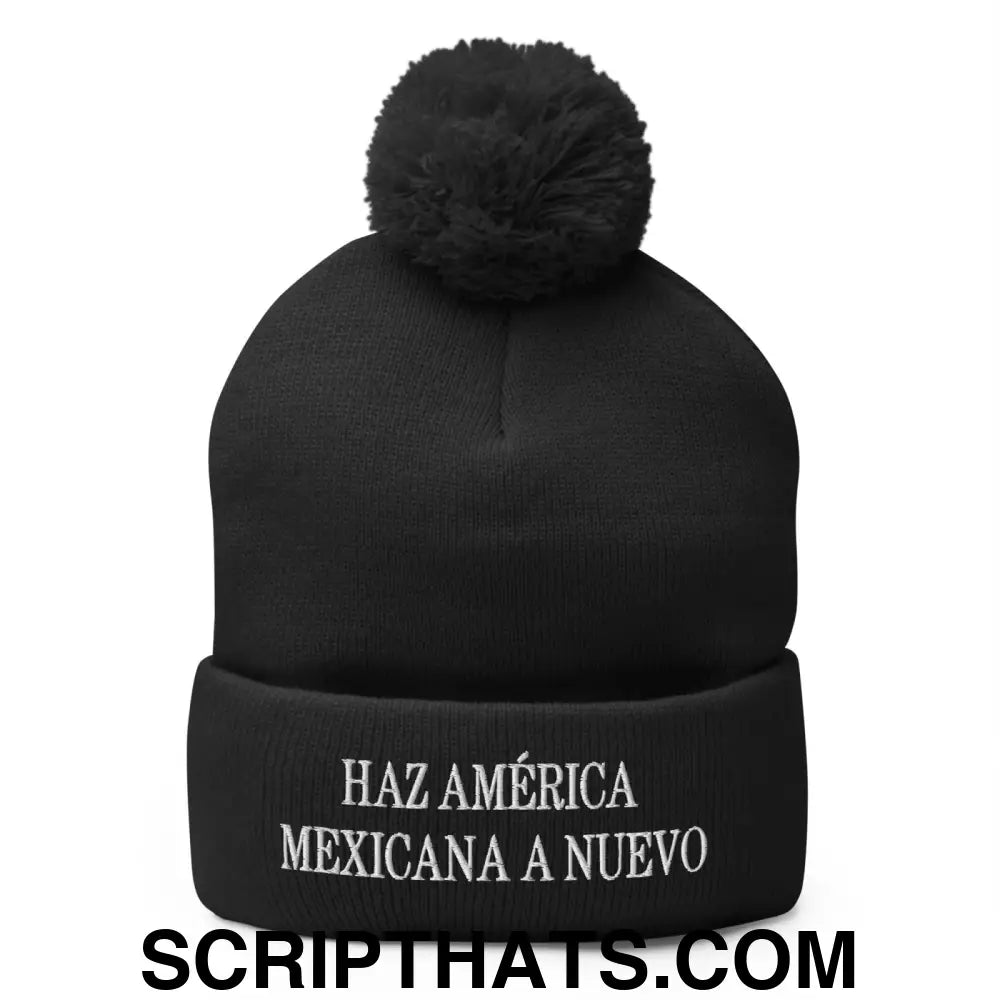 Haz América Mexicana A Nuevo Embroidered Knit Pom Pom Beanie Black