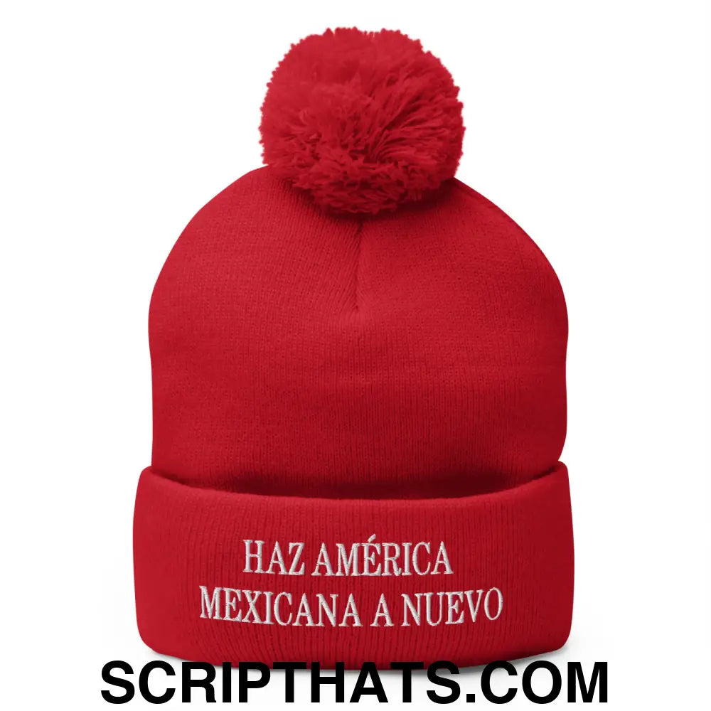 Haz América Mexicana A Nuevo Embroidered Knit Pom Pom Beanie Red