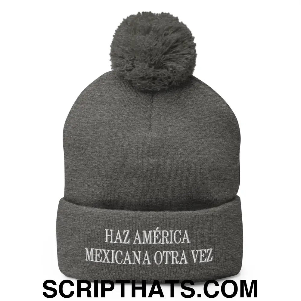 Haz América Mexicana Orta Vez Embroidered Knit Pom Pom Beanie Dark Heather Grey