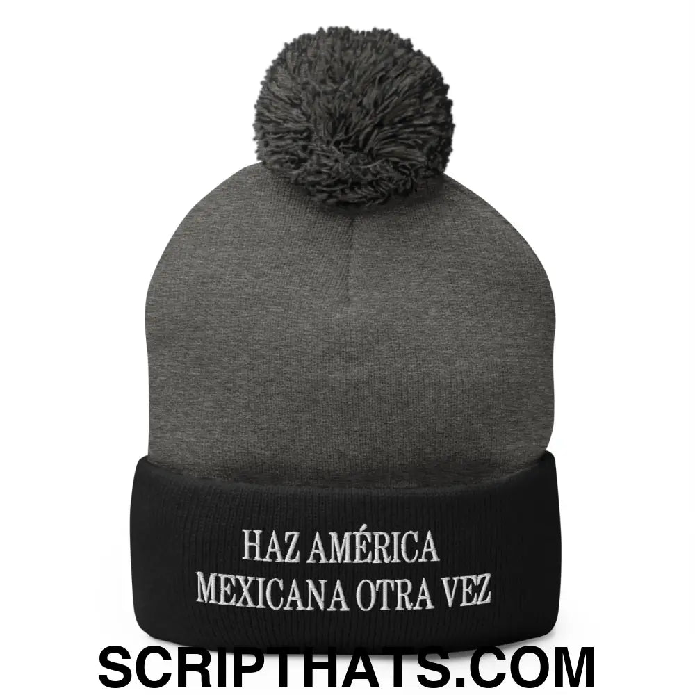 Haz América Mexicana Orta Vez Embroidered Knit Pom Pom Beanie Dark Heather Grey Black