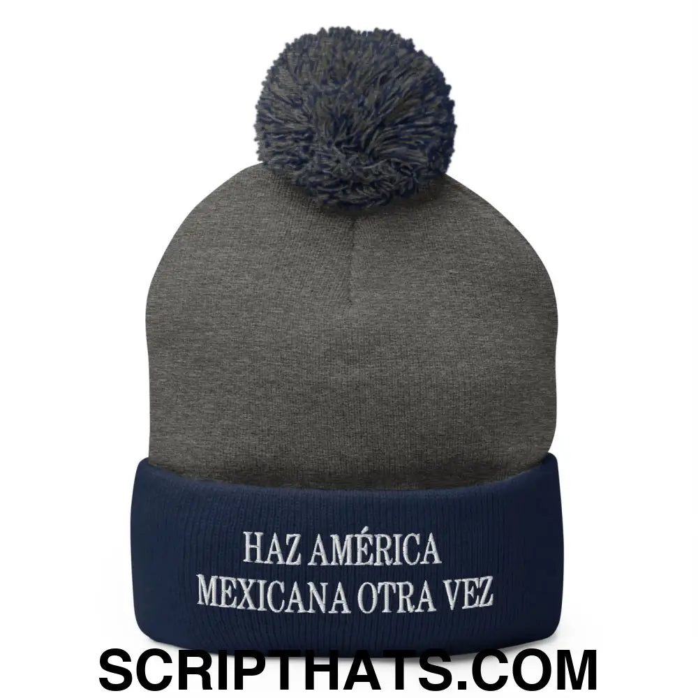 Haz América Mexicana Orta Vez Embroidered Knit Pom Pom Beanie Dark Heather Grey Navy