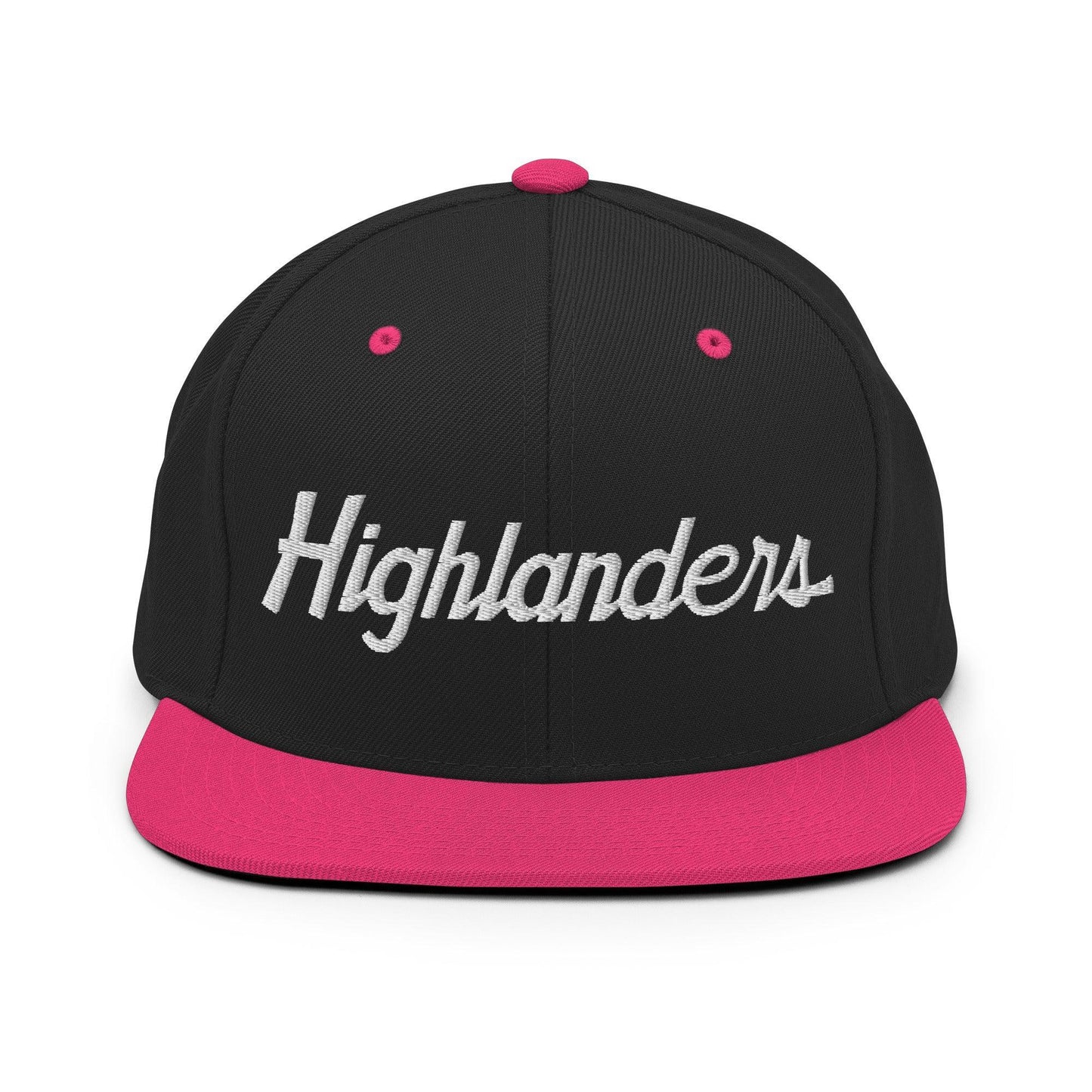 Highlanders School Mascot Script Snapback Hat Black Neon Pink