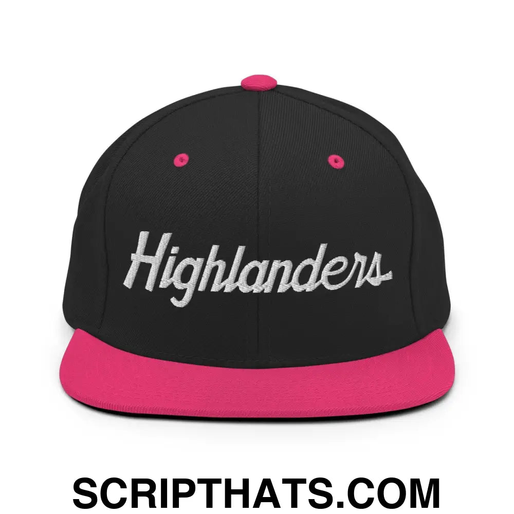 Highlanders School Mascot Script Snapback Hat Black Neon Pink