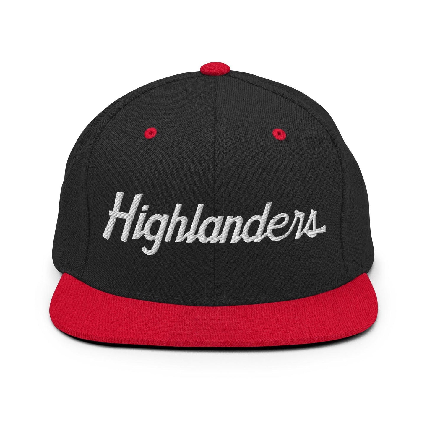 Highlanders School Mascot Script Snapback Hat Black Red