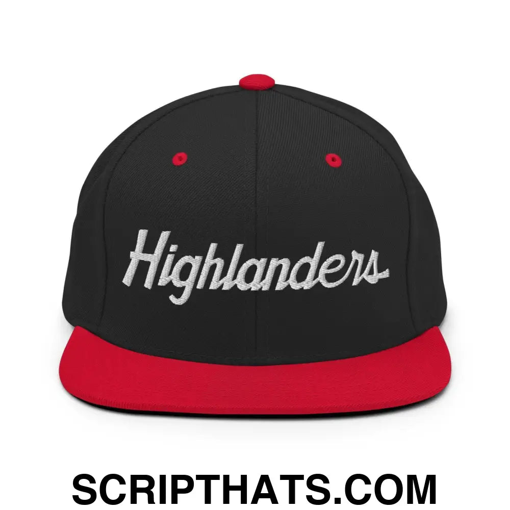 Highlanders School Mascot Script Snapback Hat Black Red