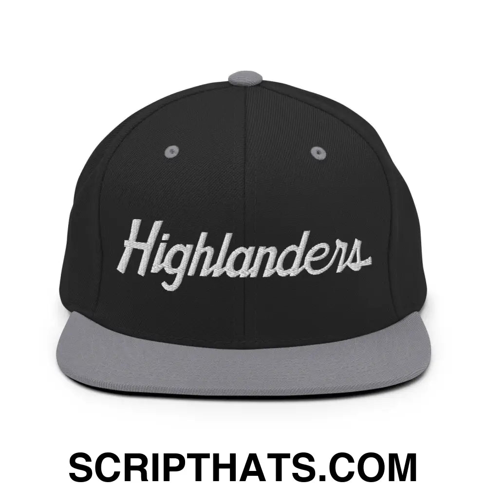 Highlanders School Mascot Script Snapback Hat Black Silver