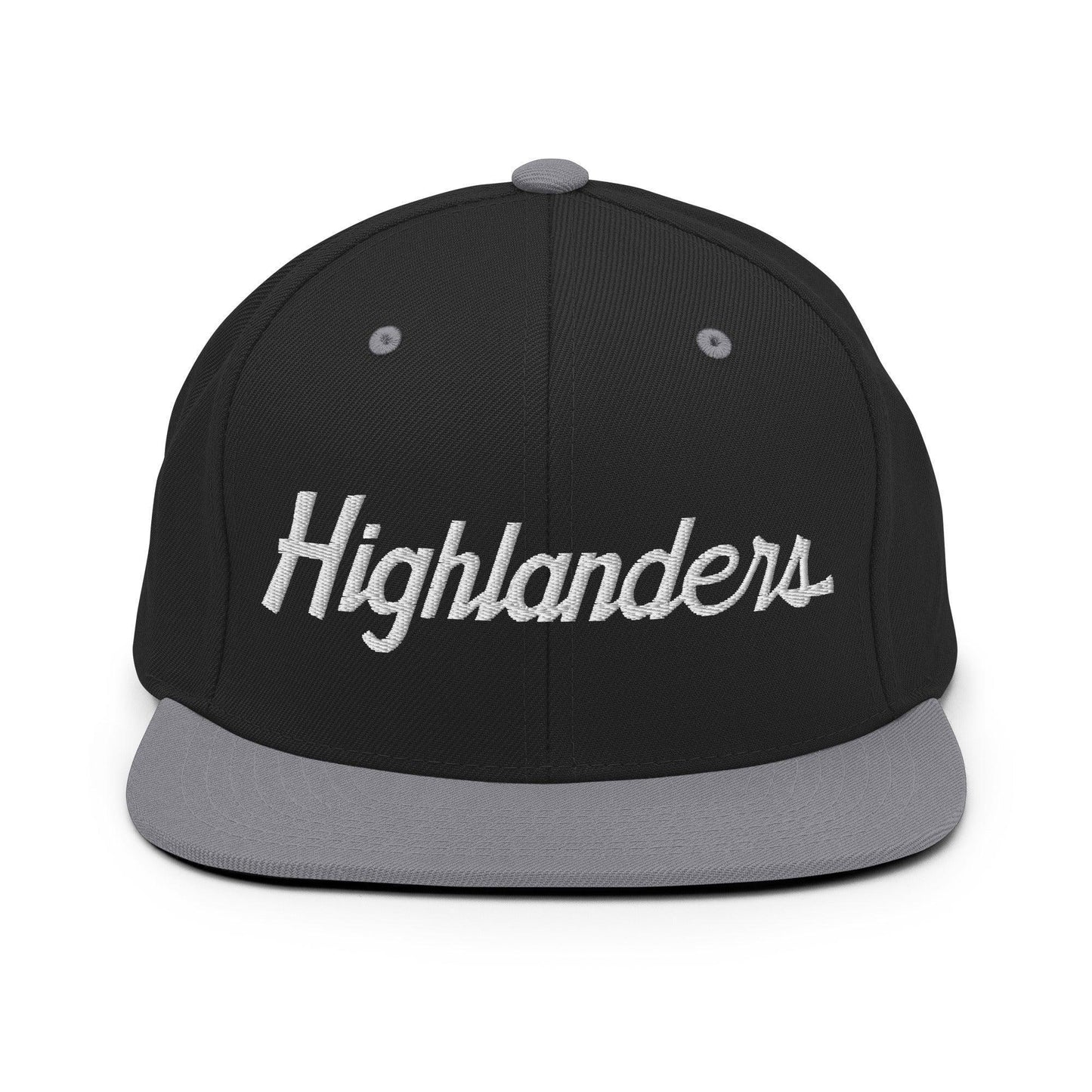 Highlanders School Mascot Script Snapback Hat Black Silver
