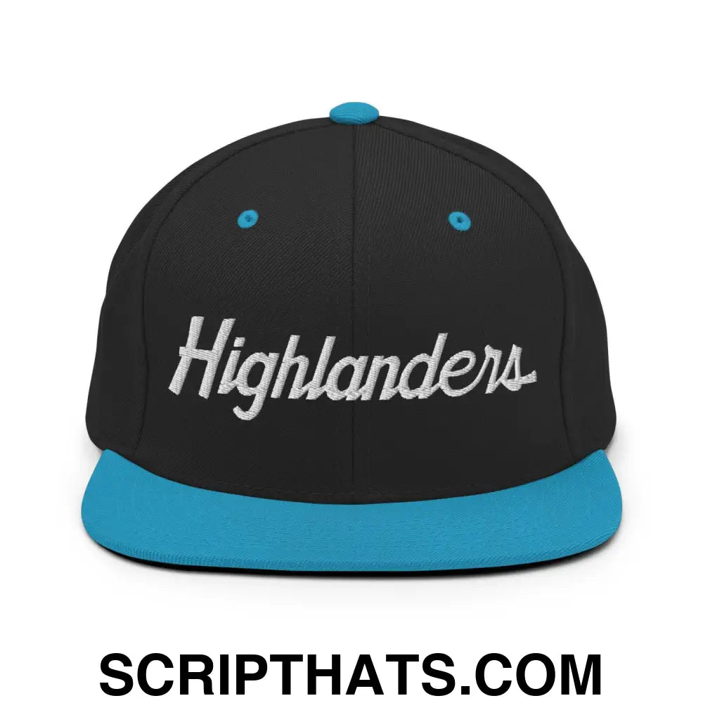 Highlanders School Mascot Script Snapback Hat Black Teal