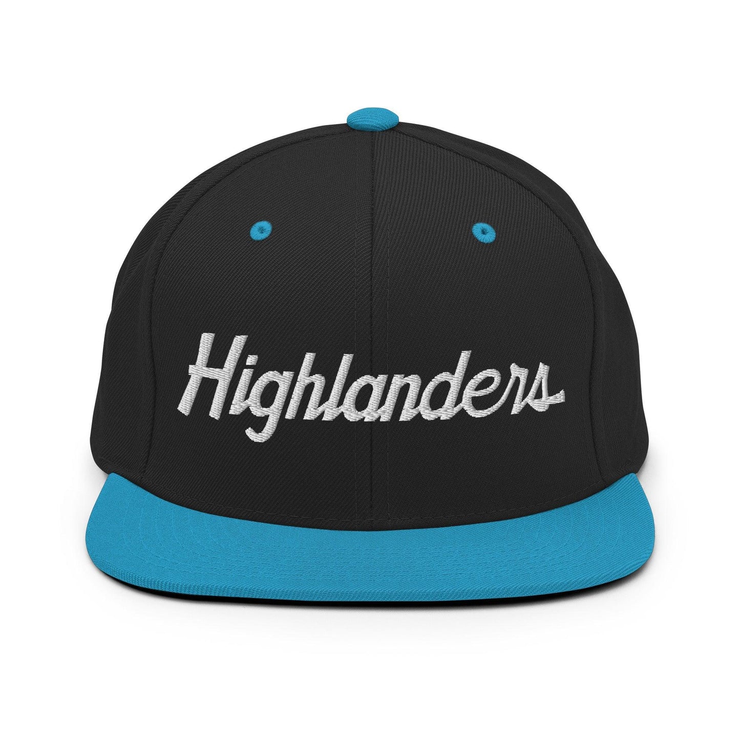 Highlanders School Mascot Script Snapback Hat Black Teal