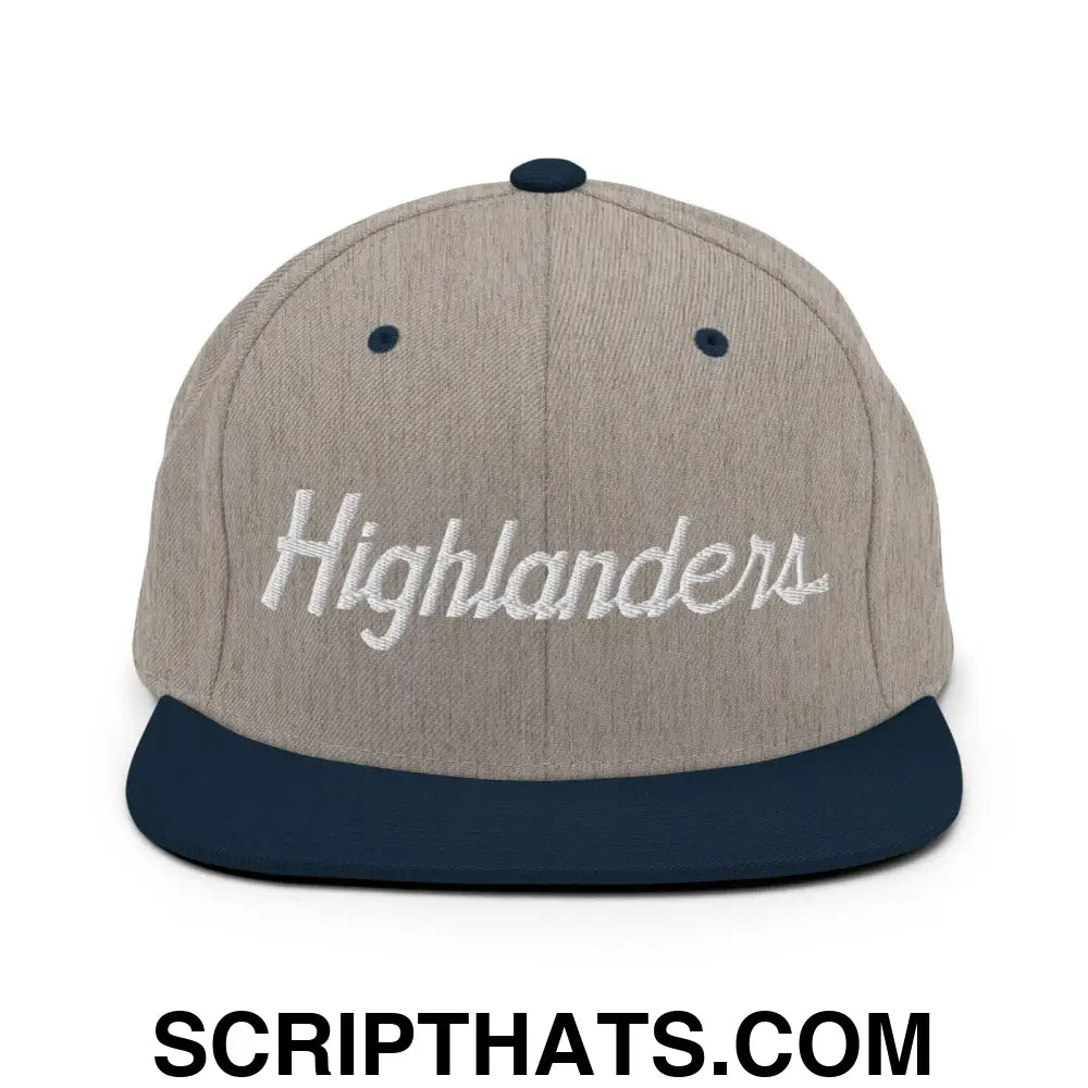 Highlanders School Mascot Script Snapback Hat Heather Grey Navy