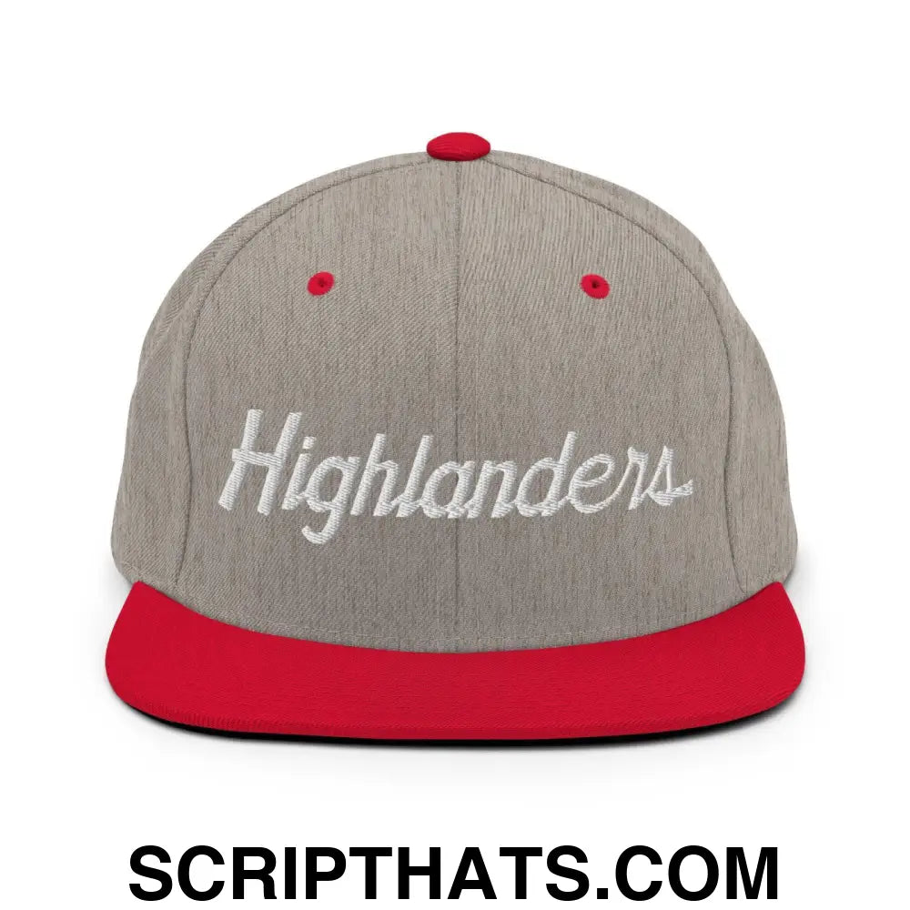 Highlanders School Mascot Script Snapback Hat Heather Grey Red