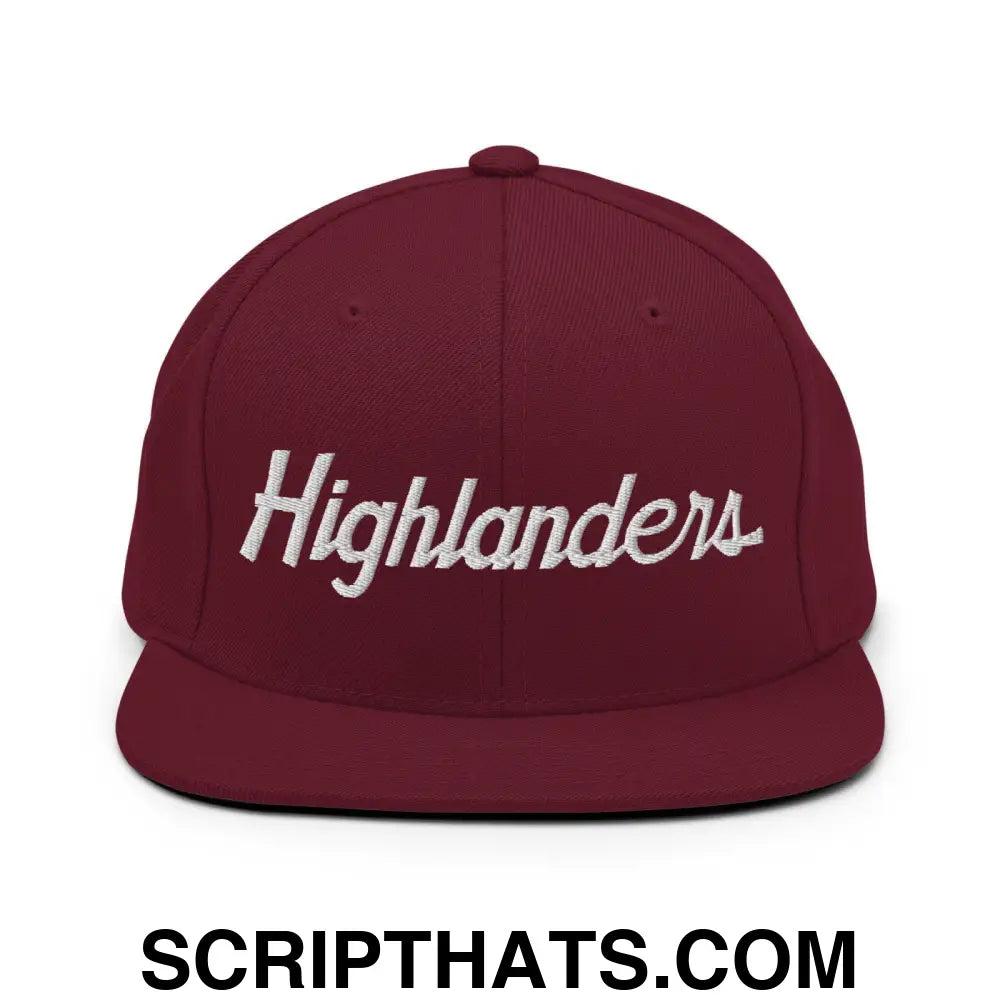 Highlanders School Mascot Script Snapback Hat Maroon