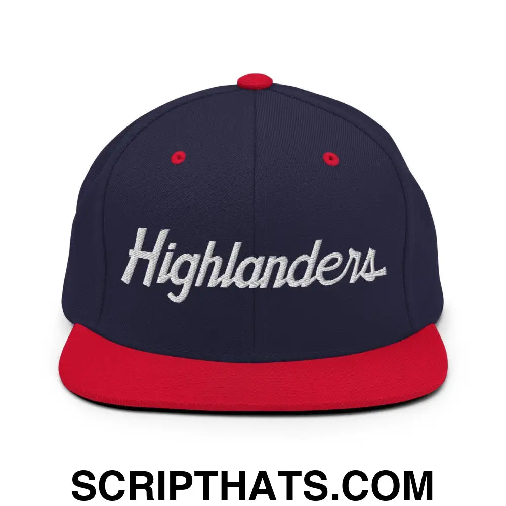 Highlanders School Mascot Script Snapback Hat Navy Red