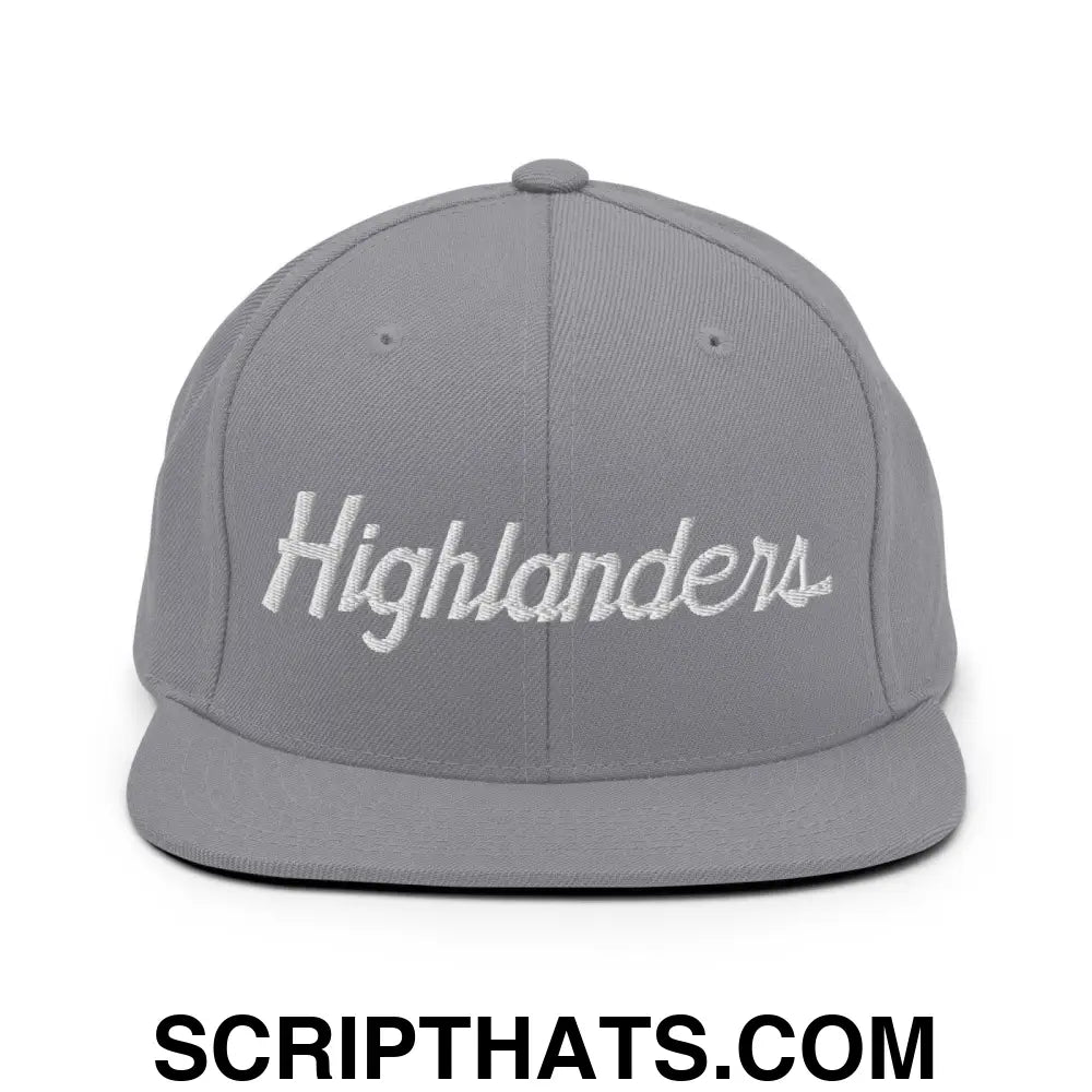 Highlanders School Mascot Script Snapback Hat Silver