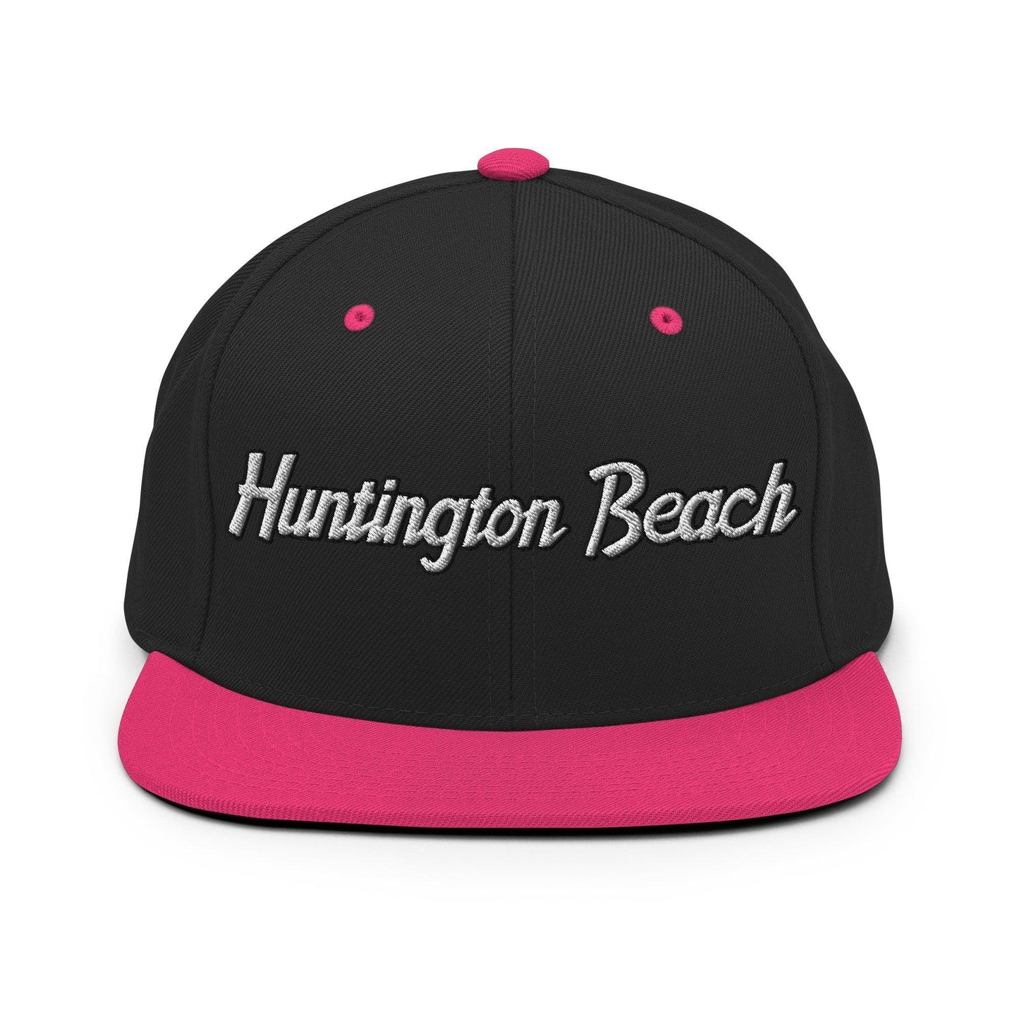 Huntington Beach Script Snapback Hat Black Neon Pink