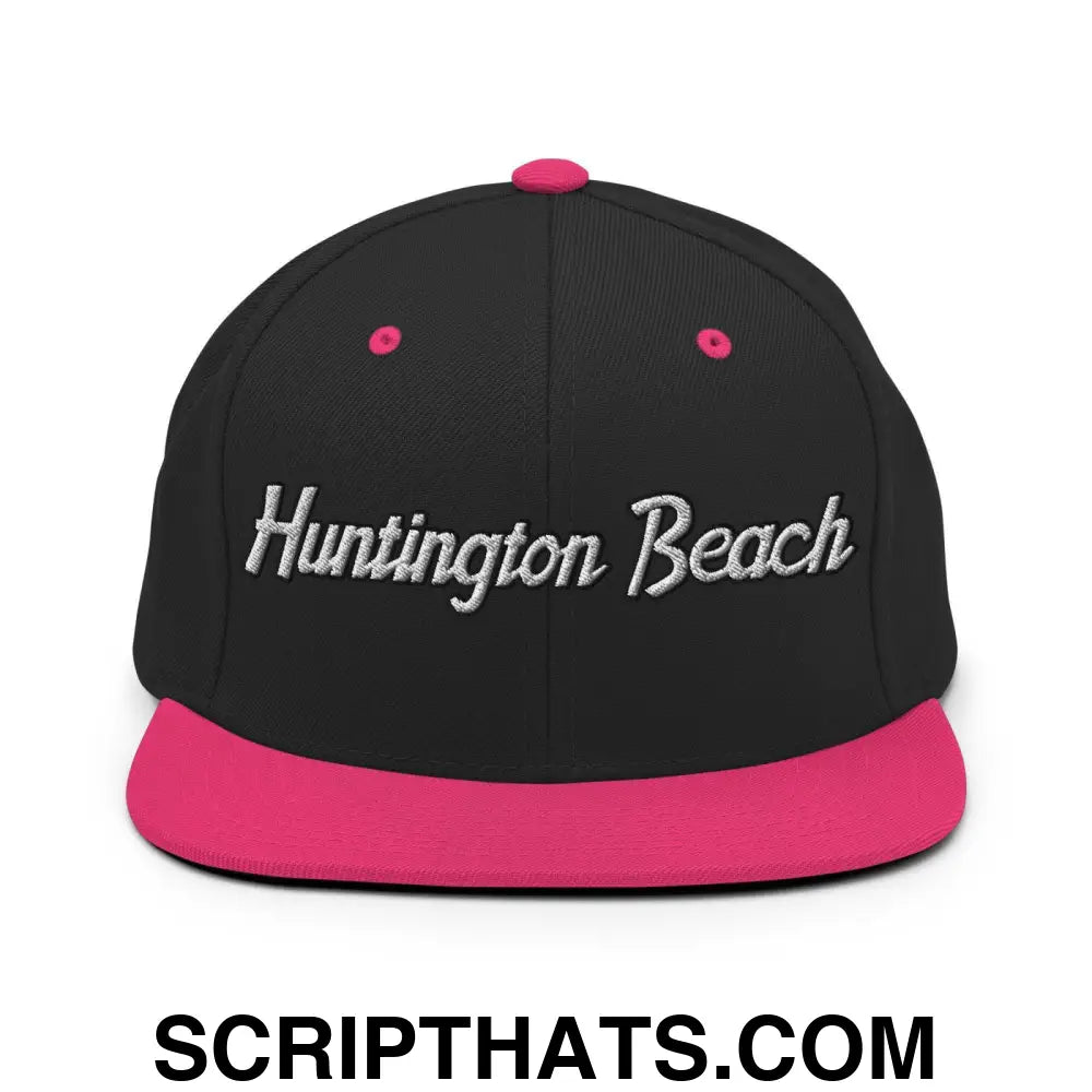 Huntington Beach Script Snapback Hat Black Neon Pink