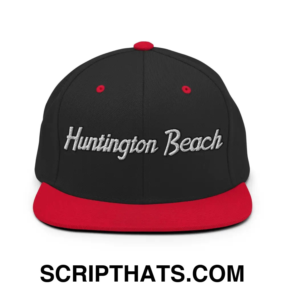 Huntington Beach Script Snapback Hat Black Red