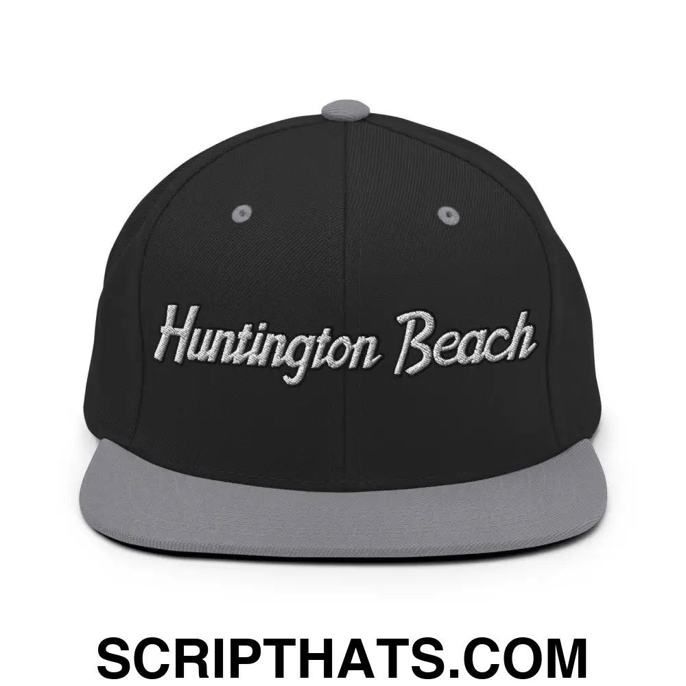 Huntington Beach Script Snapback Hat Black Silver