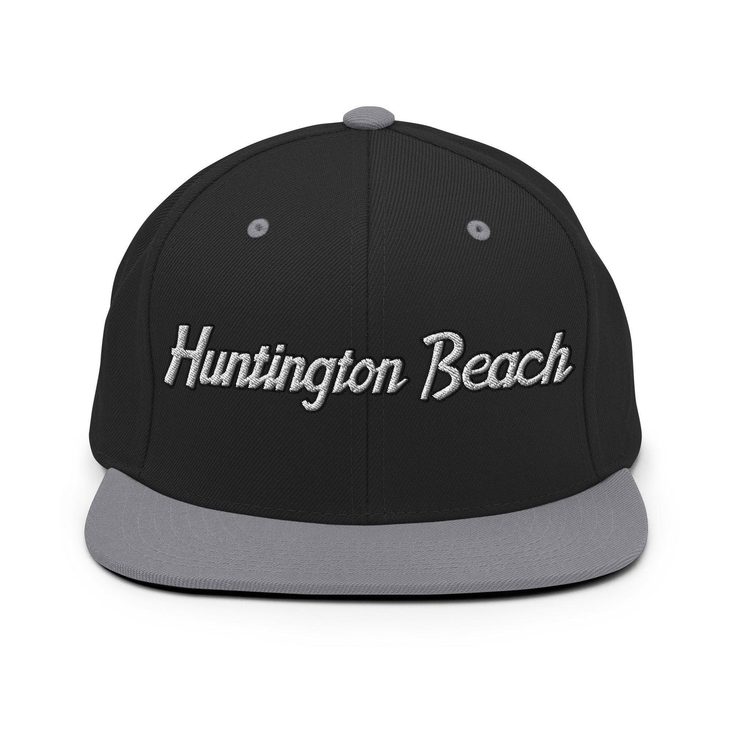 Huntington Beach Script Snapback Hat Black Silver