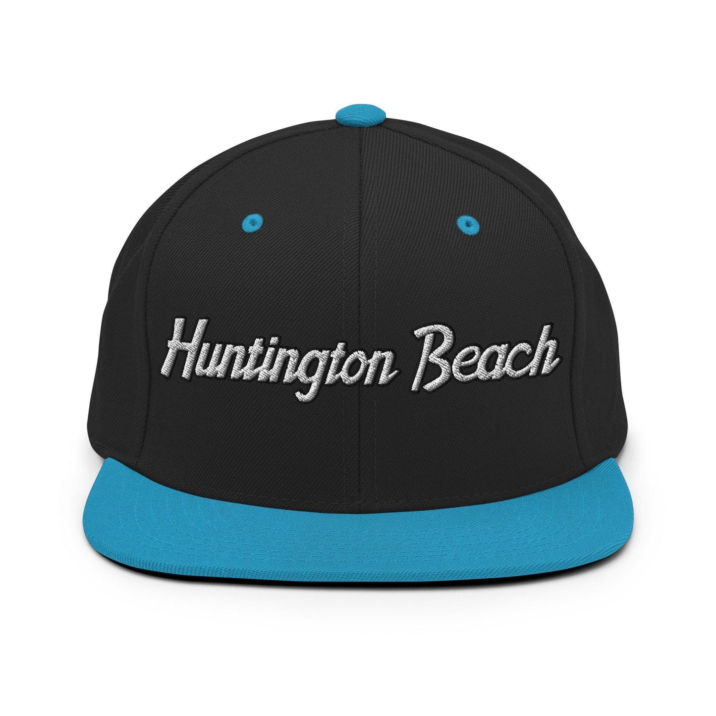 Huntington Beach Script Snapback Hat Black Teal