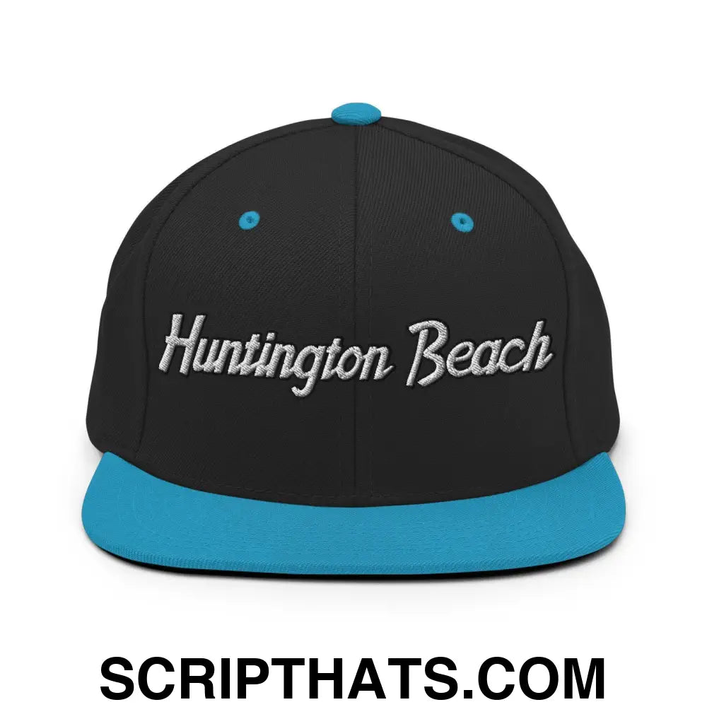 Huntington Beach Script Snapback Hat Black Teal