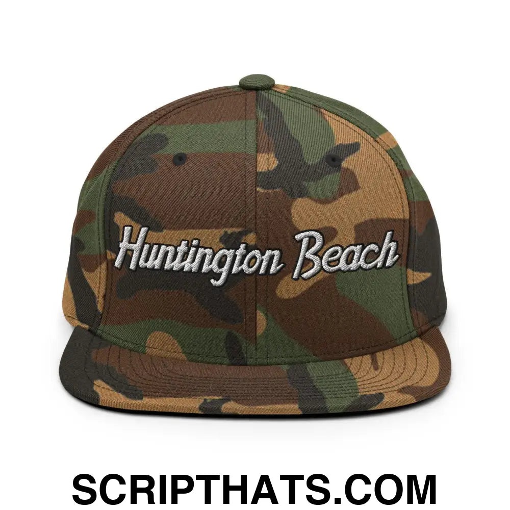 Huntington Beach Script Snapback Hat Green Camo