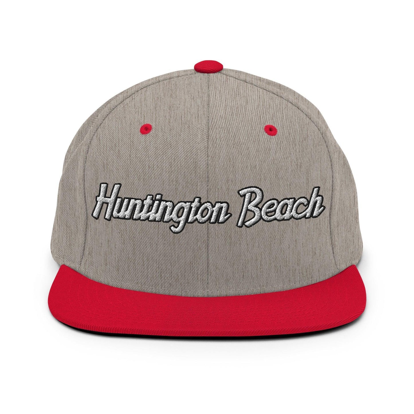 Huntington Beach Script Snapback Hat Heather Grey Red